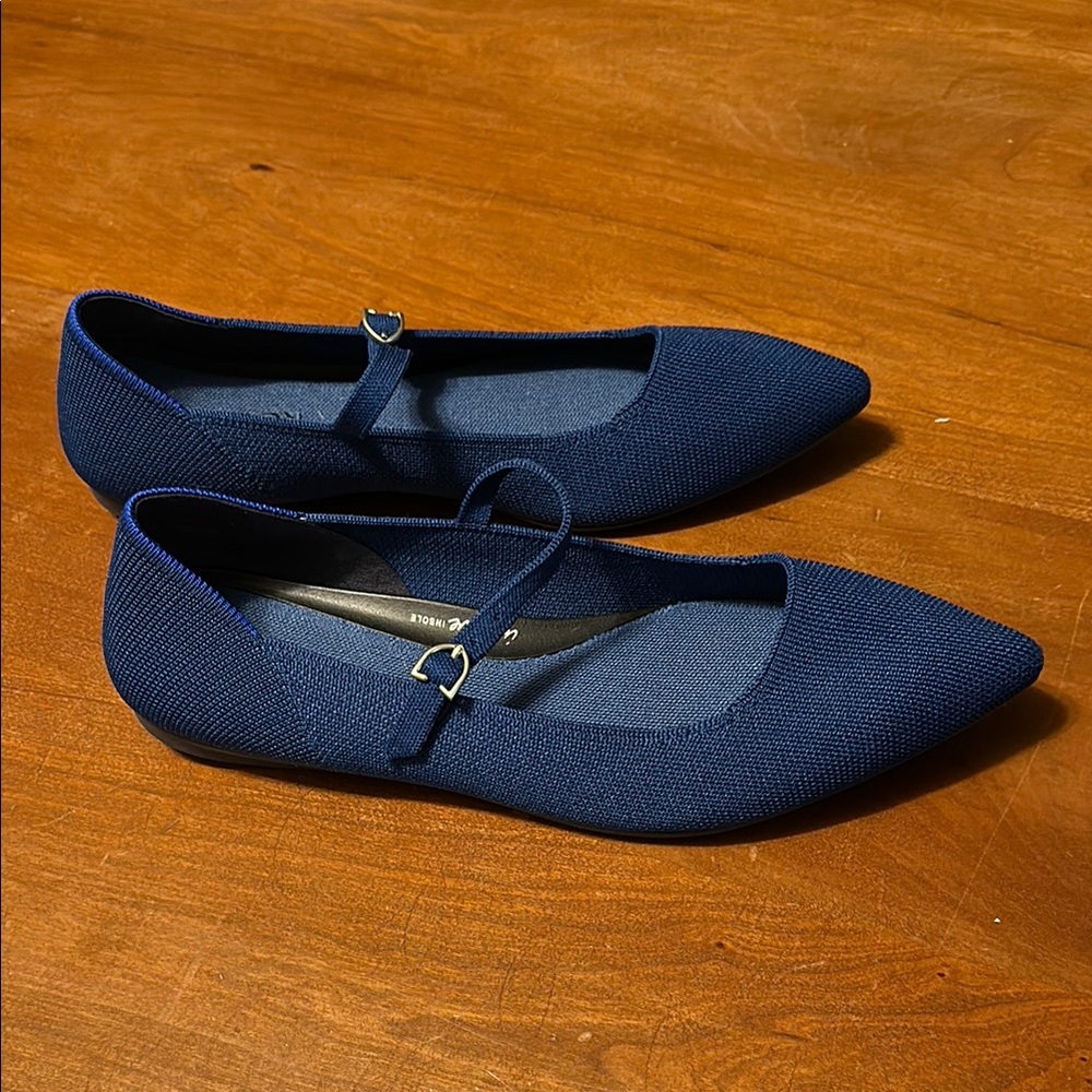 Rothy’s Bluebell Blue Pointed Toe Flats with Mary Jane Strap